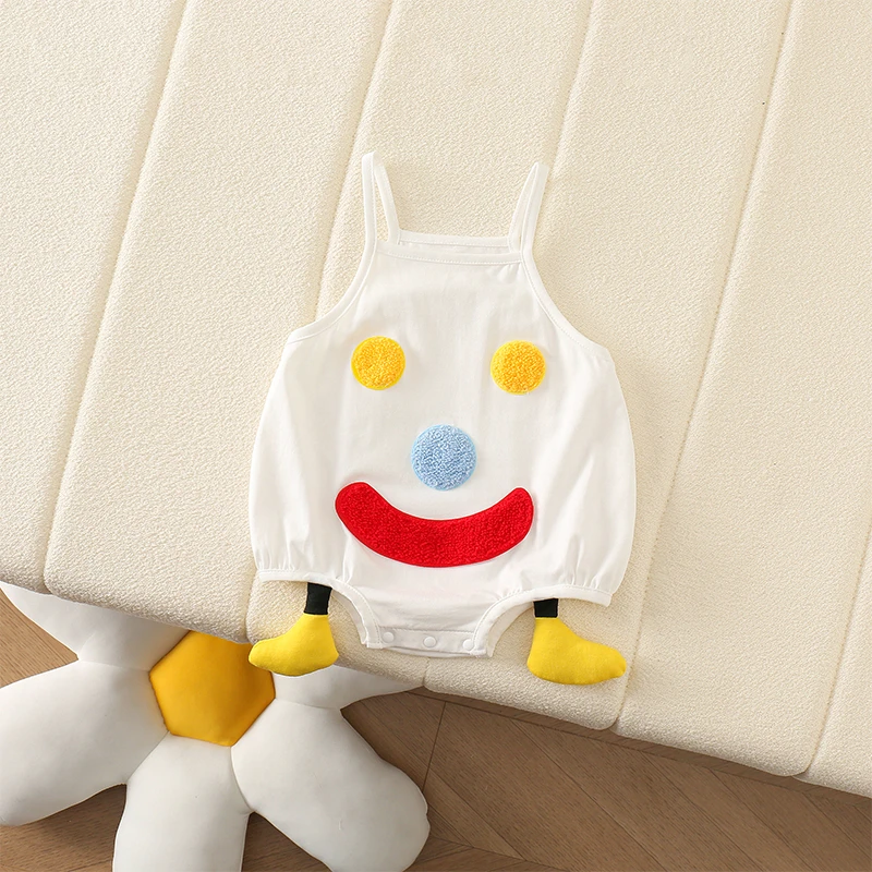 2025新生儿潮流吊带男女宝宝笑脸洋气夏季毛巾绣卡通包屁三角爬服