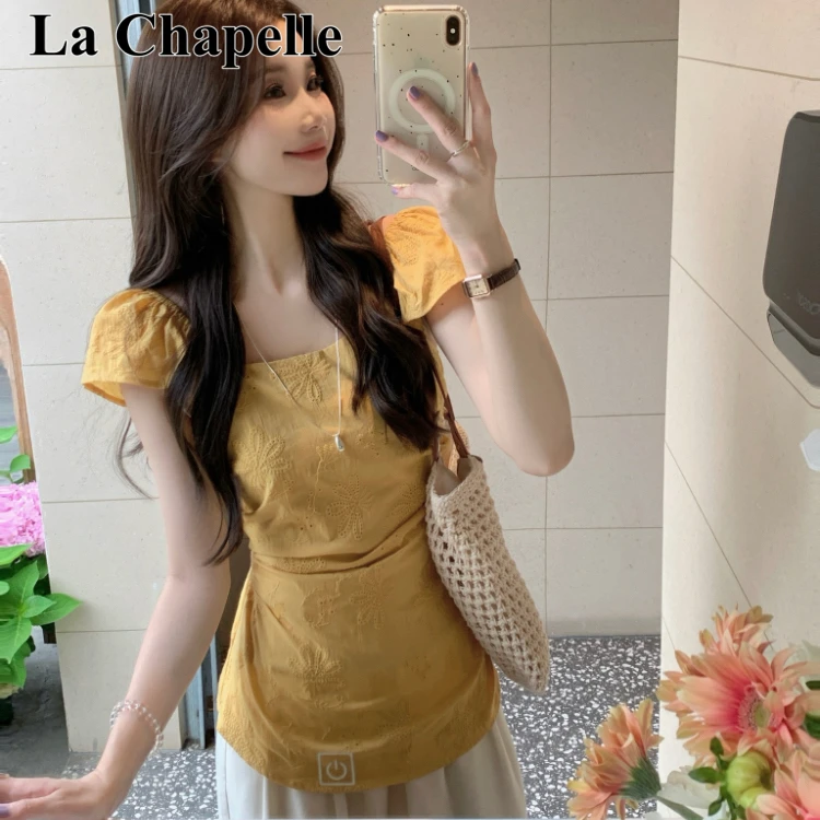 拉夏贝尔法式复古气质方领露肩衬衫女一字肩收腰修身显瘦短袖上衣