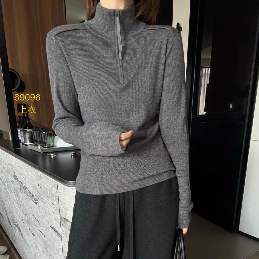 69096立领长袖女拉链内搭打底衫秋冬修身显瘦百搭纯色上衣