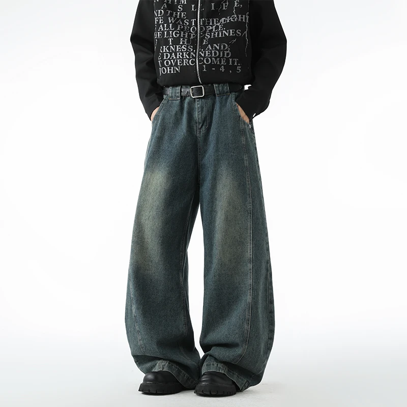 美式高街牛仔裤小众复古弯刀阔腿裤秋冬季加绒加厚长裤男士休闲裤