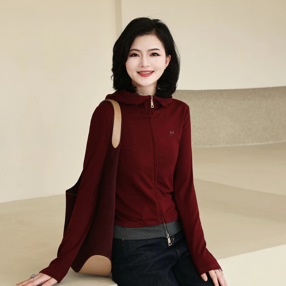 枫竺阿楠anan气质刺绣撞色弹力连帽外套女早秋穿搭卫衣拉链开衫