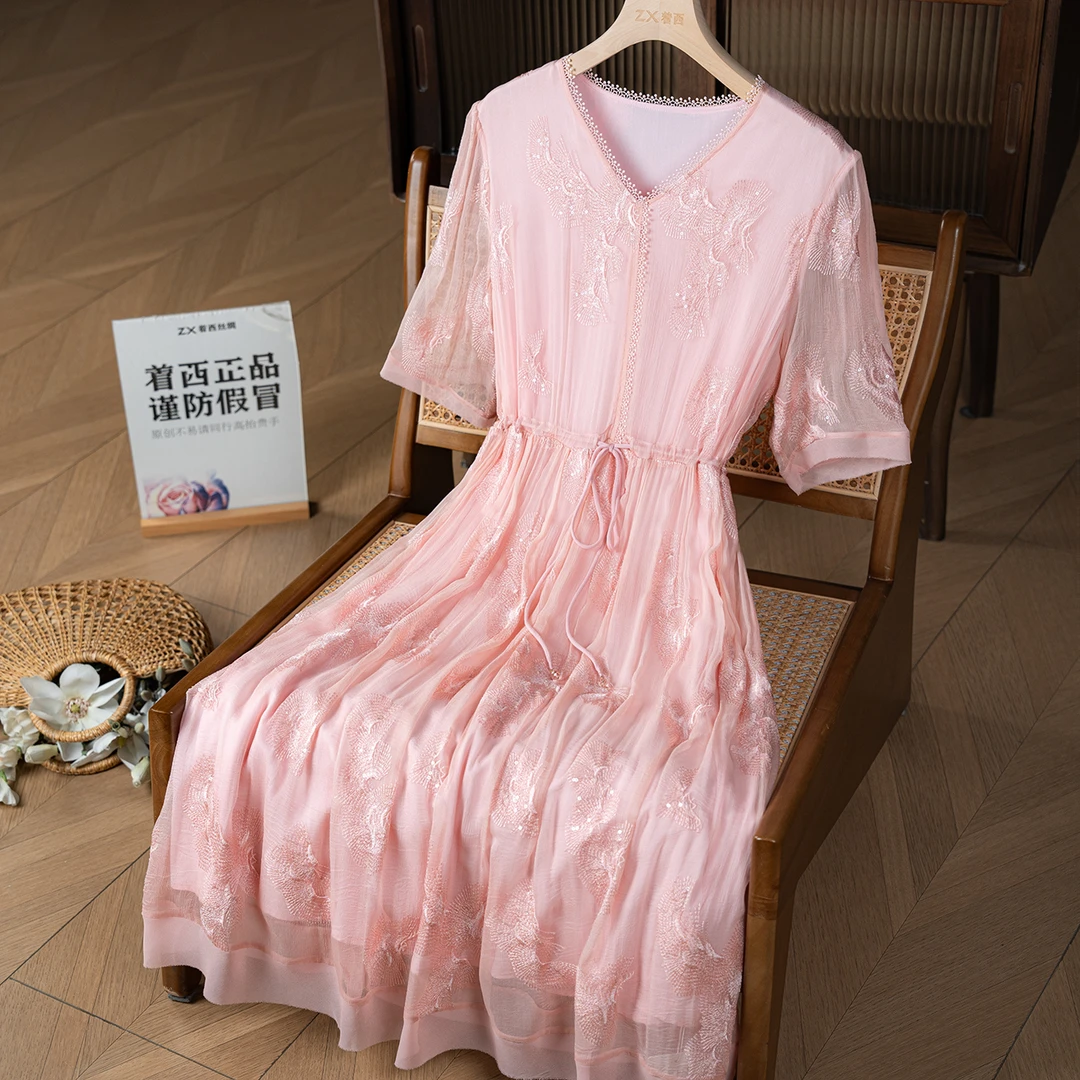 【艺朵】新款100%桑蚕丝绣花中长款连衣裙2Q660186