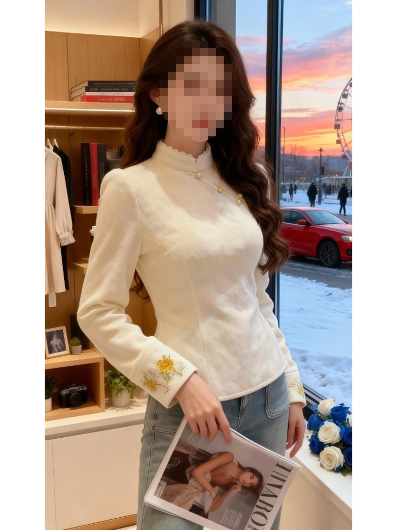 2025秋冬新款新中式斜襟刺绣提花加绒加厚气质百搭收腰显瘦上衣女