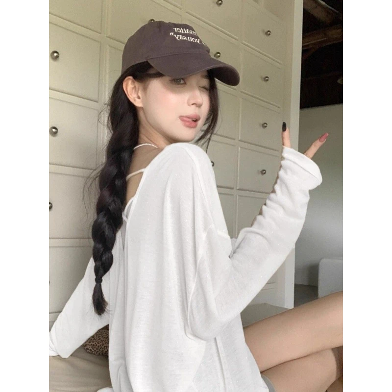 美背薄纱长袖防晒罩衫t恤女2025新款夏季慵懒薄款宽松中长款上衣