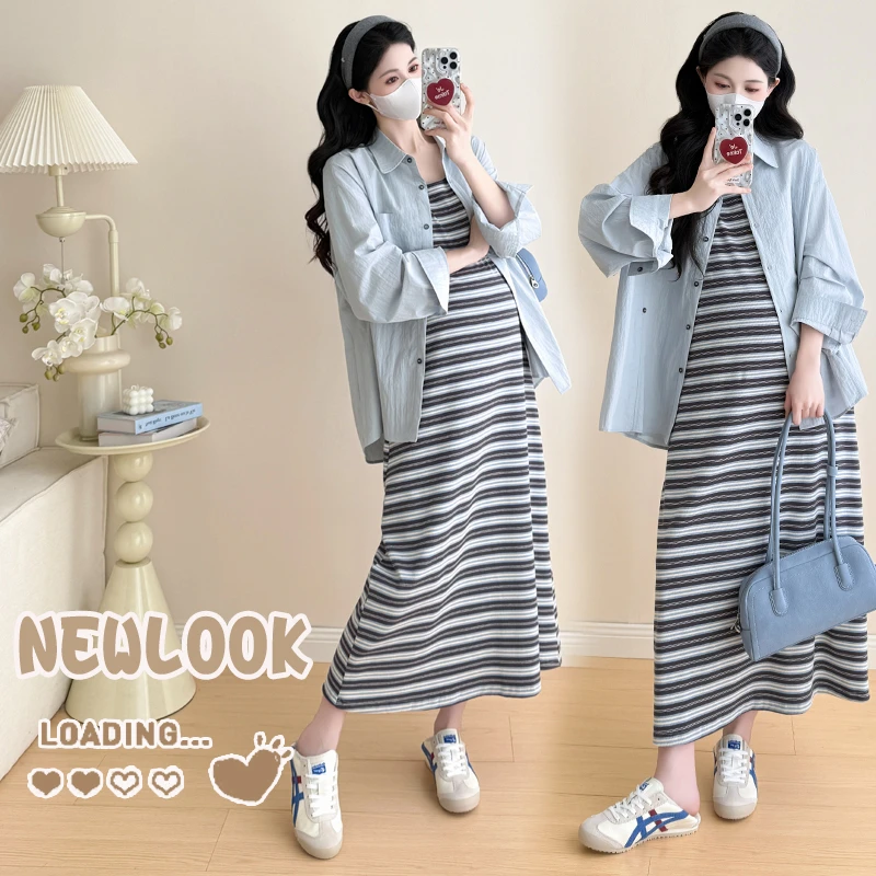 简约孕妇秋装针织条纹背心裙+可调节衬衫套装