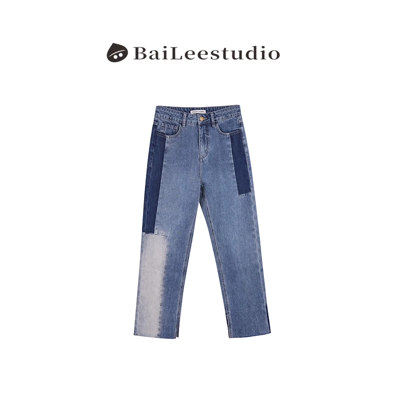 【柏栗良品】解构主义~复古风高腰显瘦拼接撞色九分直筒牛仔裤1215