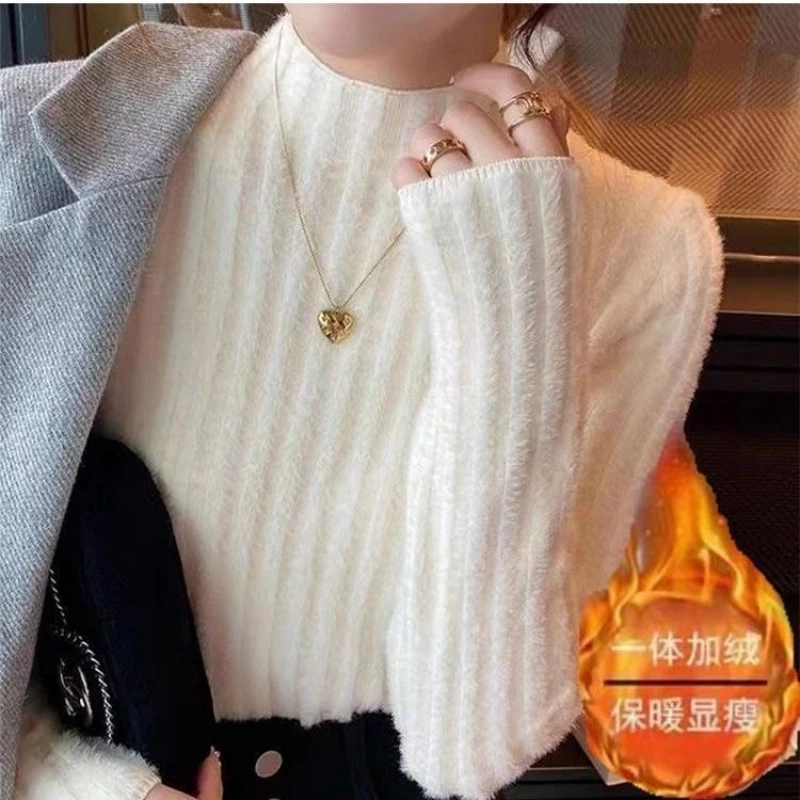 一体绒水貂绒毛衣女冬天毛衣新款针织衫半高领内搭加绒加厚打底衫