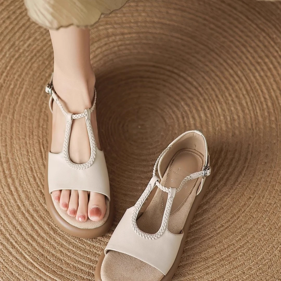 法式厚底一字带露趾凉鞋女2025夏季新款高级感配裙子镂空罗马凉鞋