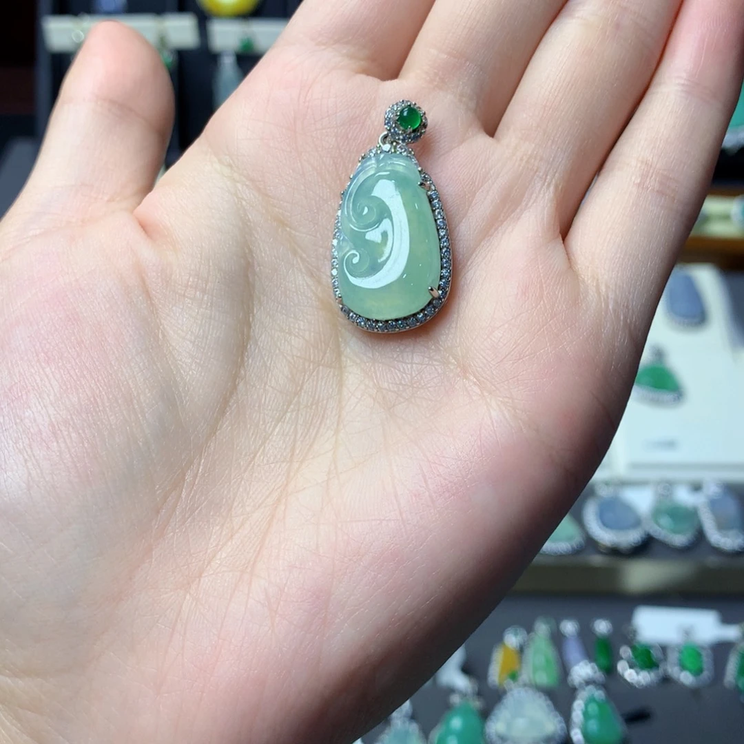 翡翠银S925镀金镶嵌挂件