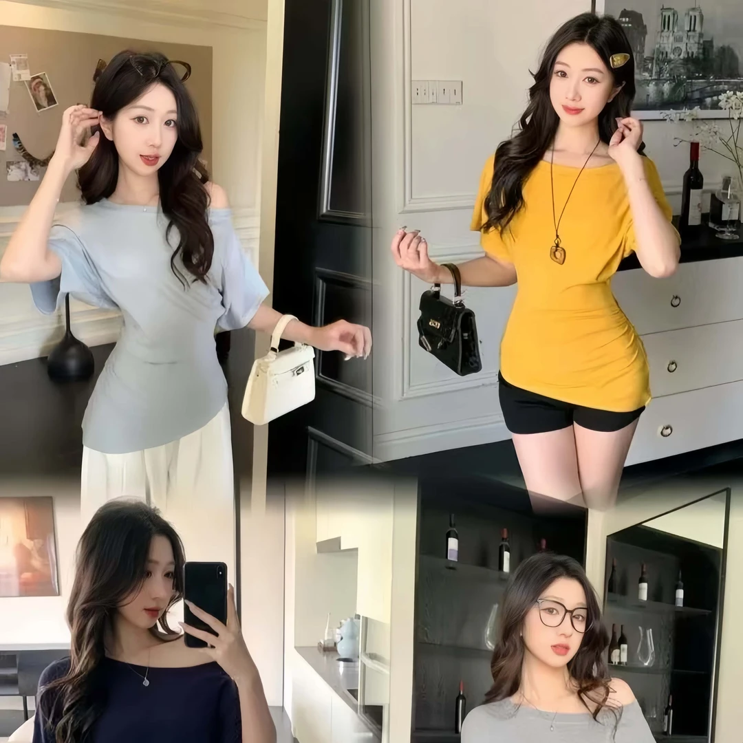 显瘦斜肩短袖T恤女一字肩夏2025不规则修身辣妹气质露肩百搭上衣