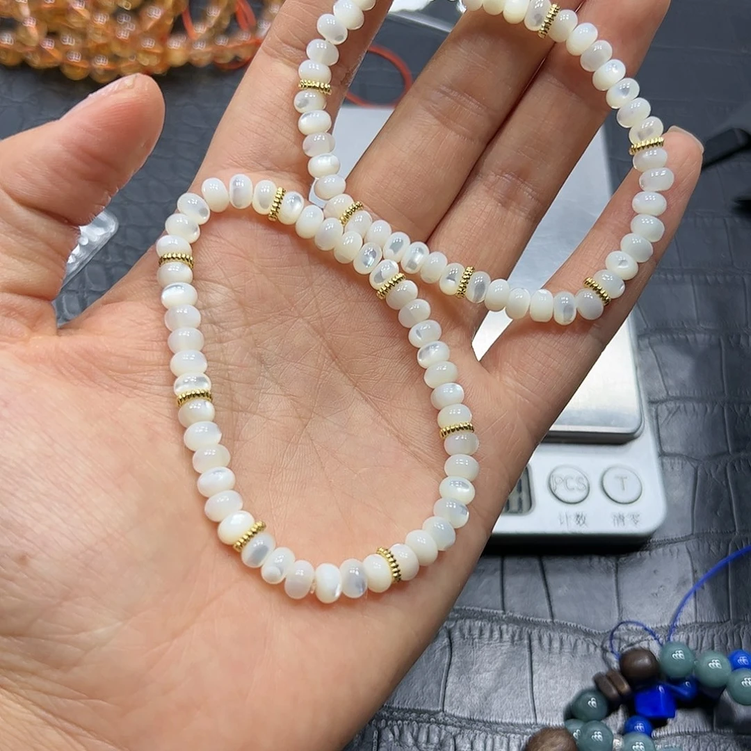 烟晶手链银S925镶嵌白贝算盘珠手链