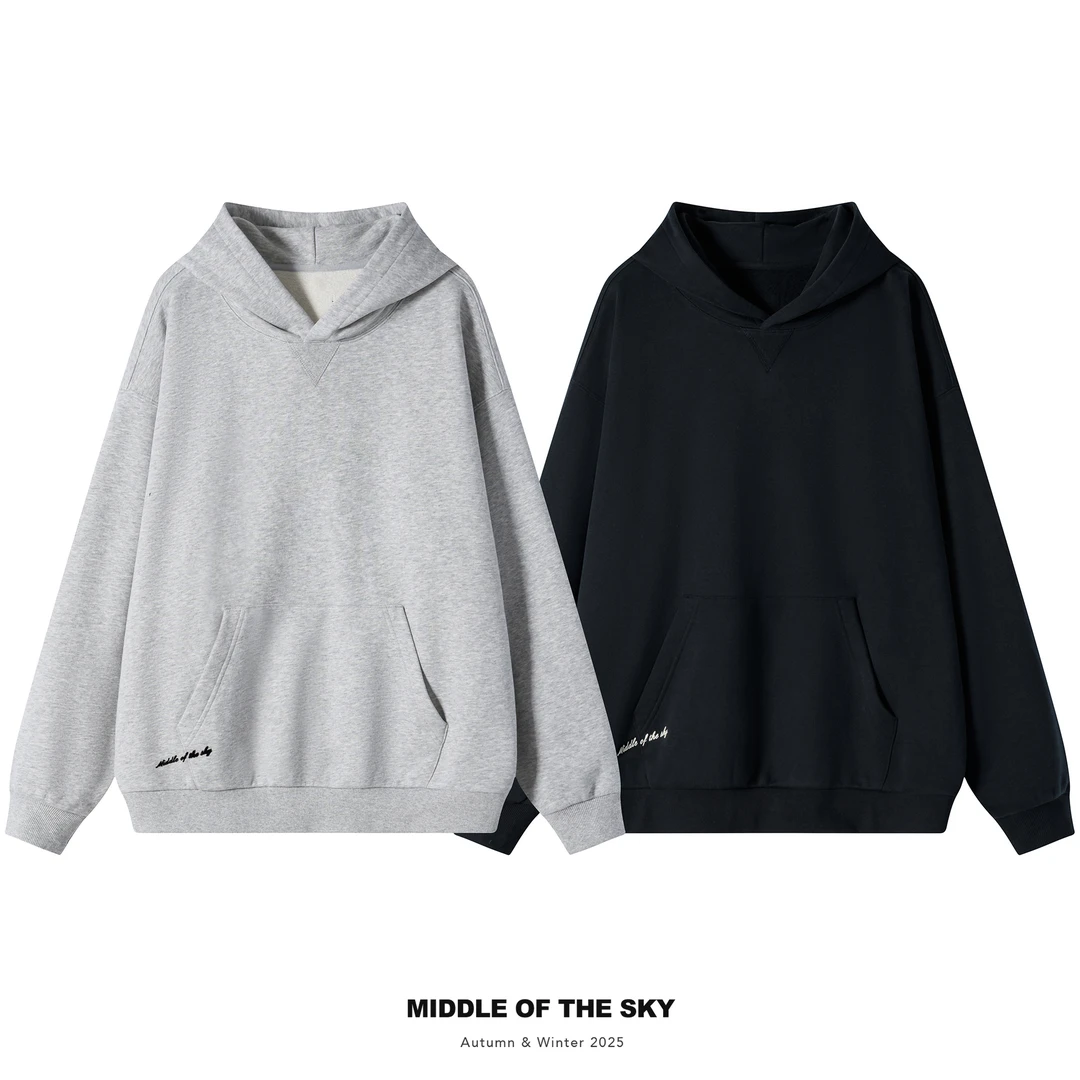 【郑老板】MIDDLE OF THE SKY冬季宽松休闲植绒印花连帽加绒卫衣