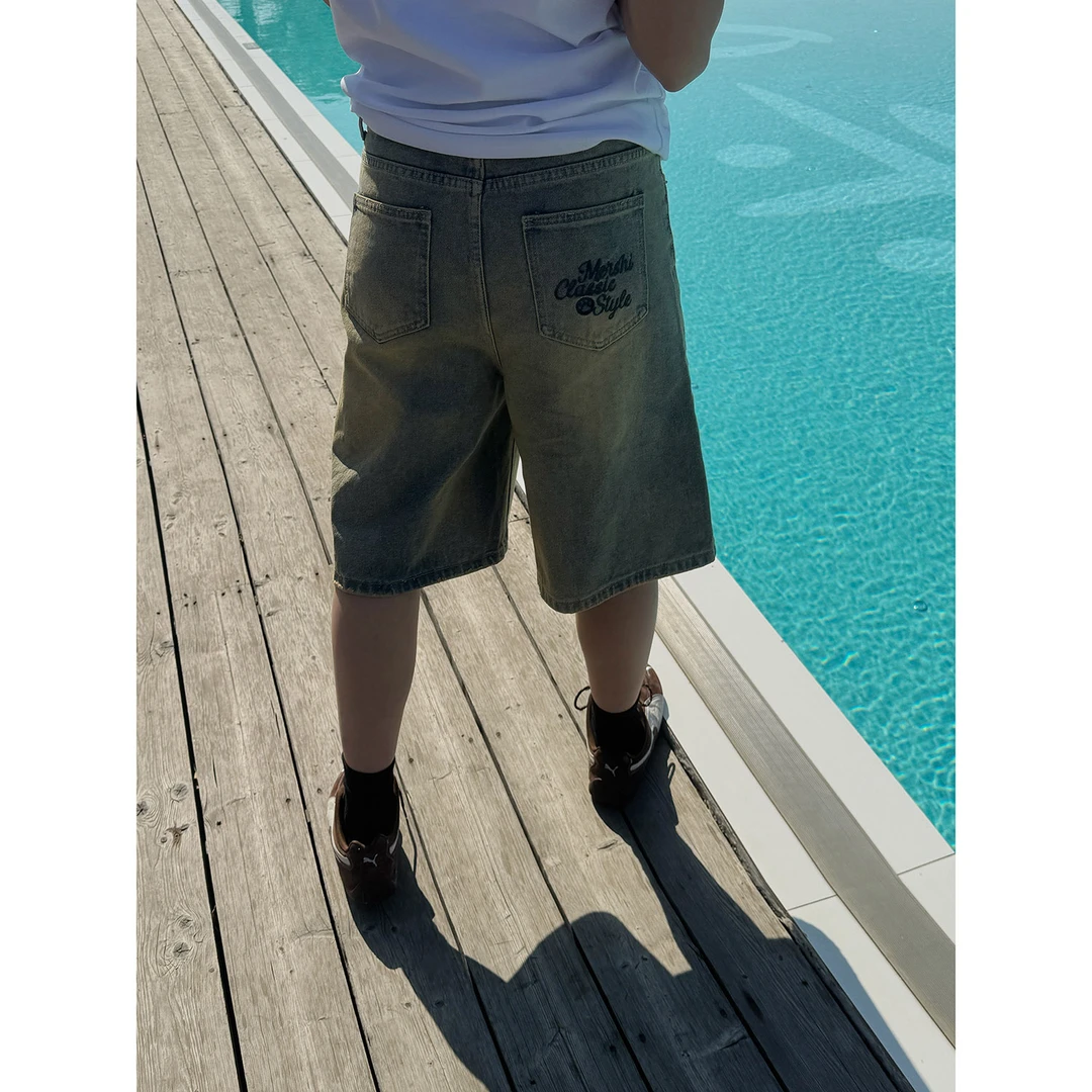 19studio WAYNEPRINCE水洗做旧牛仔短裤街头复古百搭阔腿五分裤女