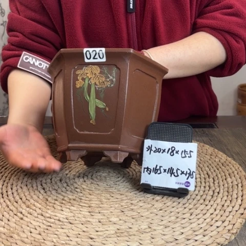 紫砂花盆紫玉金砂内奎手绘宫灯六方020