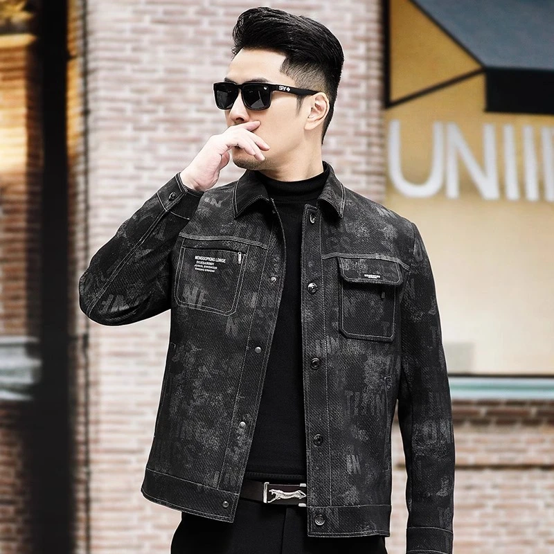 时尚高端牛仔夹克外套男士2025春秋男装潮流翻领印花字母短款外套