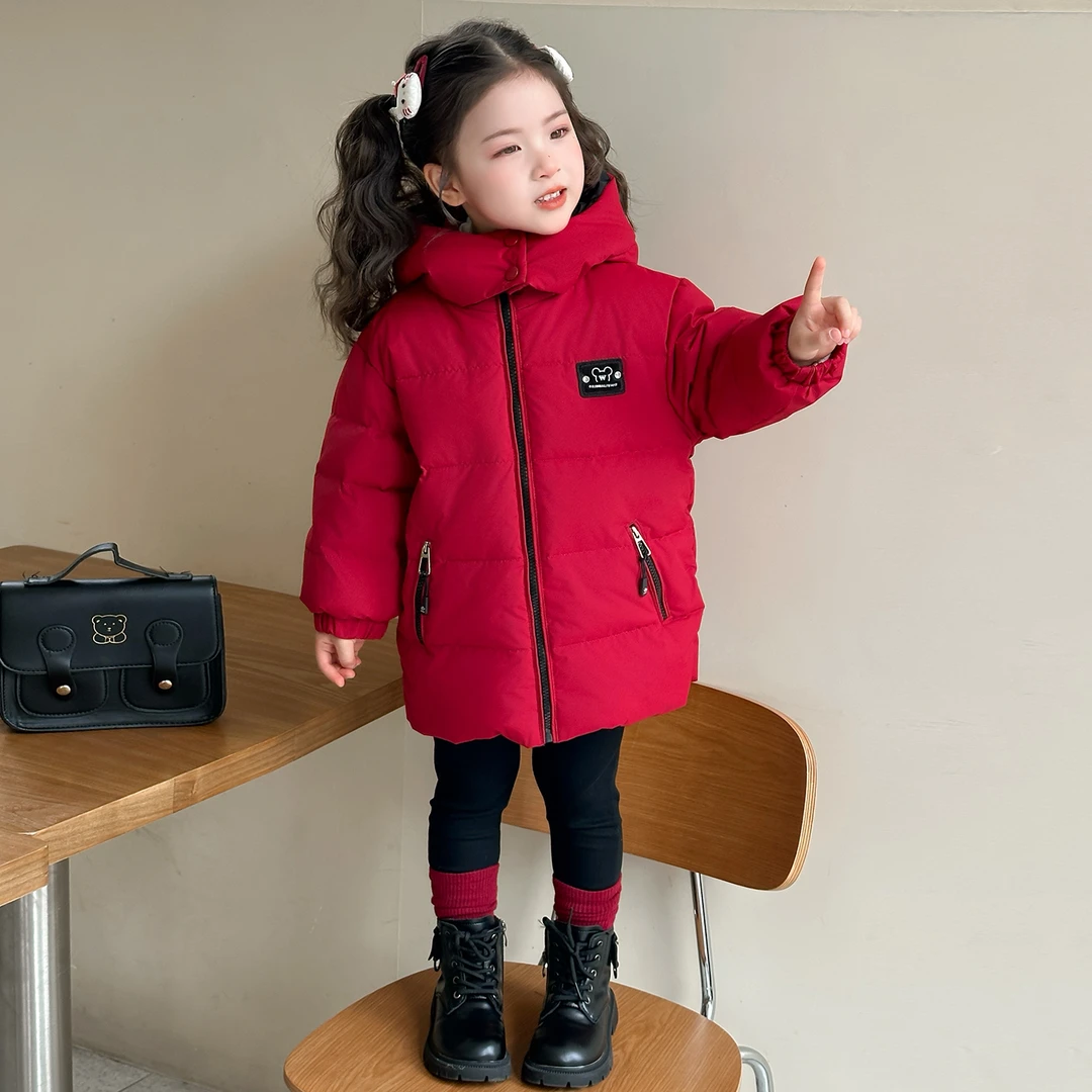 女童羽绒服冬季中长款2025新款儿童红色防寒白鸭绒外套女宝宝冬装