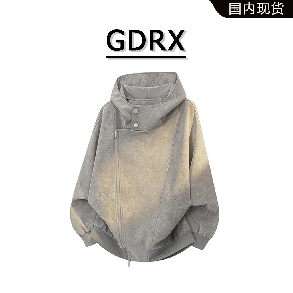 GDRX美潮男装不规则设计皮衣夹克冬季新款双拉链设计连帽保暖外套