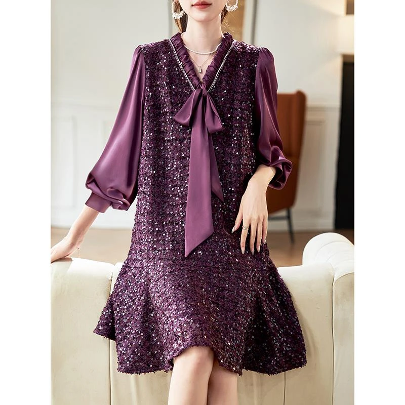 法式V领系带亮丝长袖连衣裙女2025秋季气质韩系小香风拼接休闲裙