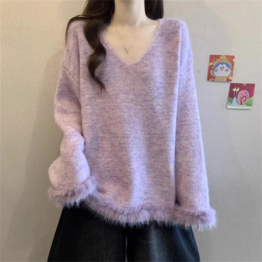 紫色V领挂脖蕾丝飘带打底针织衫毛衣女秋季大码胖MM显瘦遮肉上衣