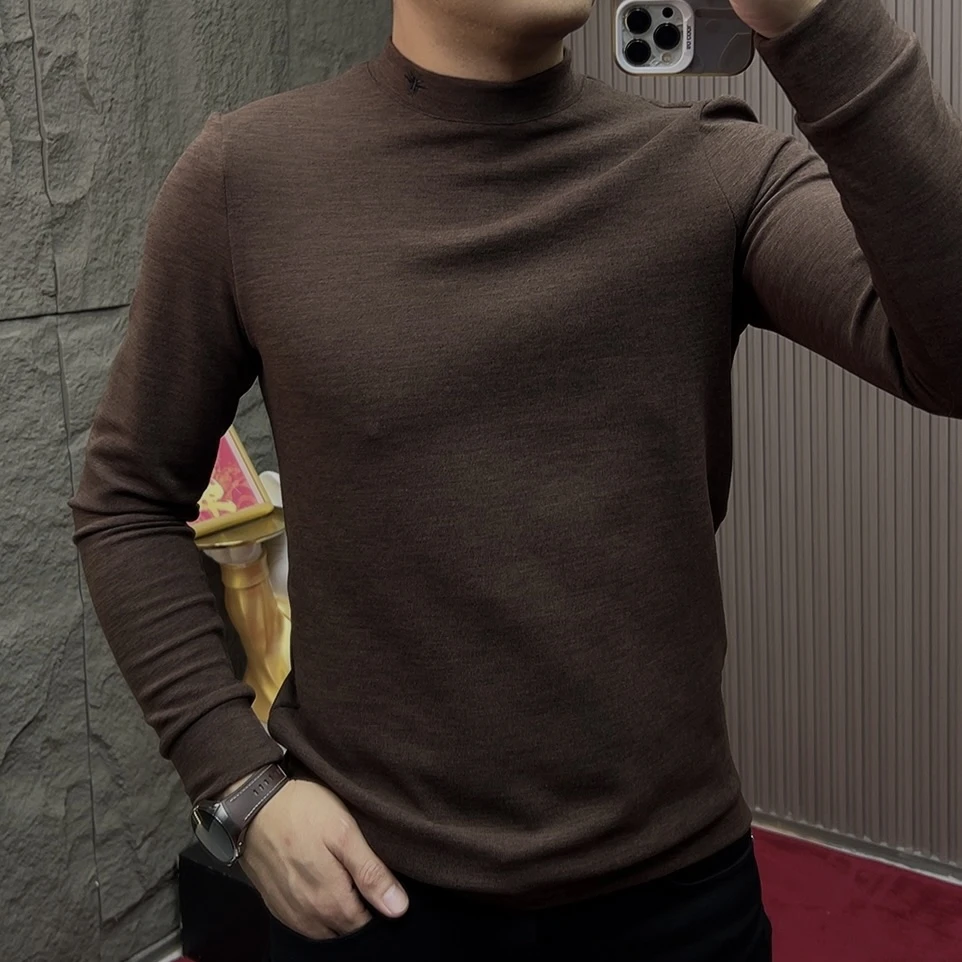 2025-35227日常冬季半高领德绒长袖高领T恤男装加绒百搭男士
