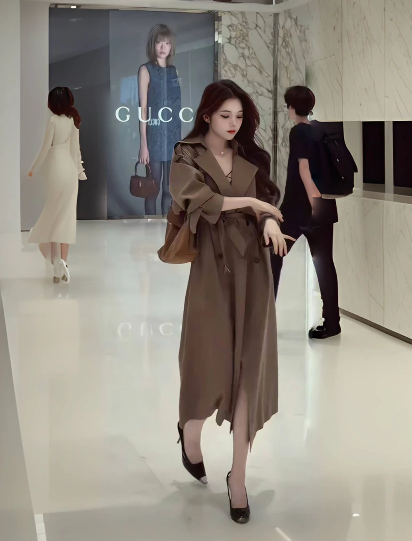 【咖色封信】汪大美秋季风衣气质显瘦时尚轻奢拼接时尚风衣