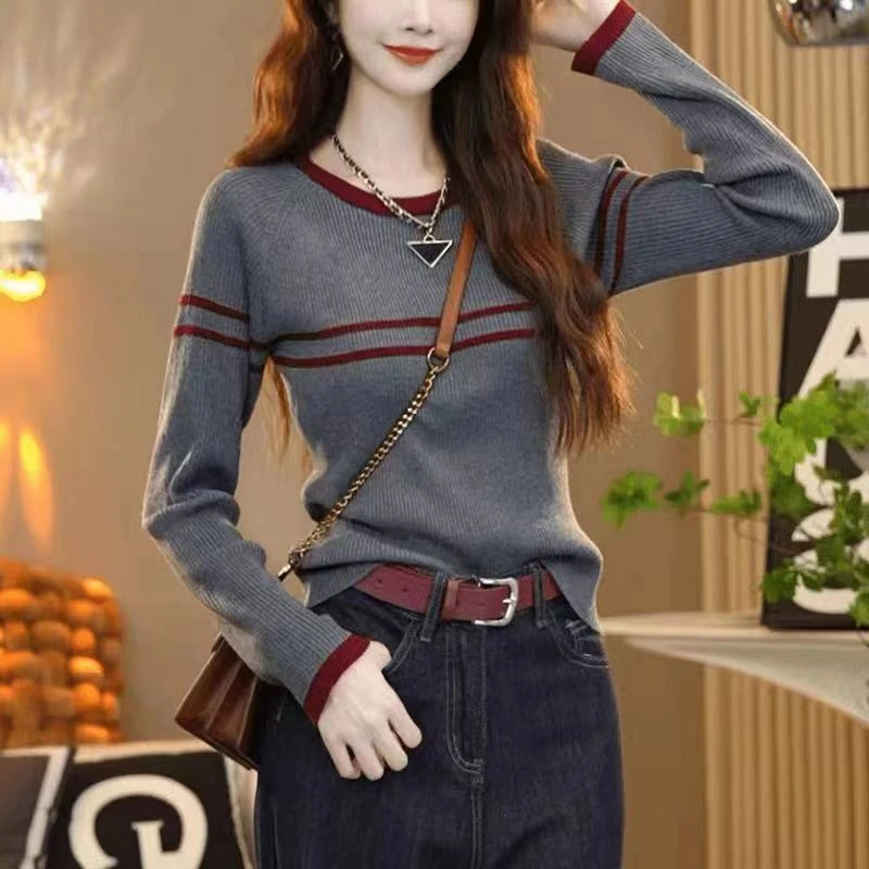 2025秋季新款爆款圆领长袖条纹复古打底衫洋气内搭针织衫女装上衣