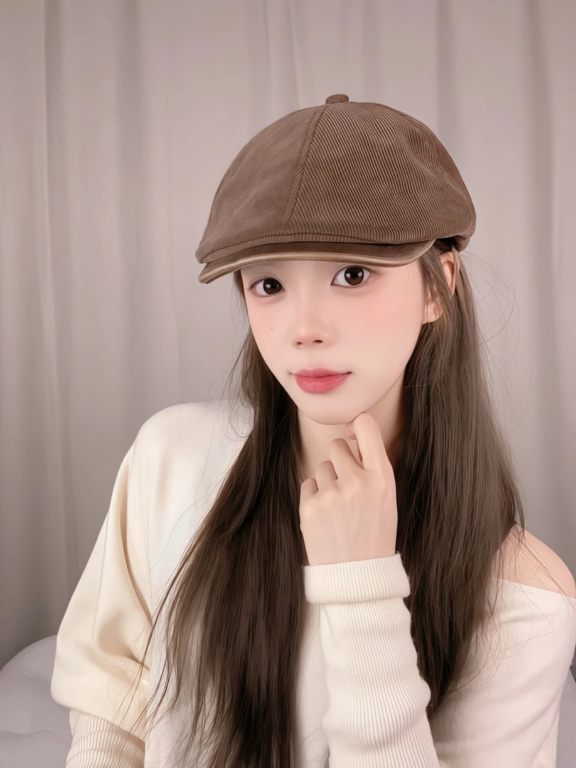 复古前进帽纯色灯芯绒拼接百搭日系显脸小反戴小众报童鸭舌帽