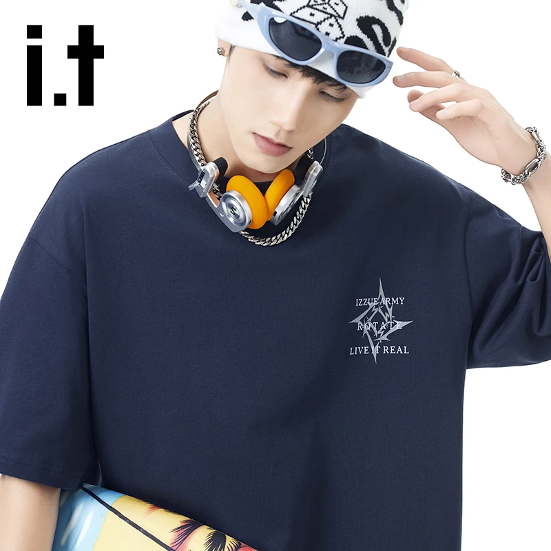 it izzue美式印花短袖T恤男士夏季休闲宽松潮流纯棉圆领半袖上衣