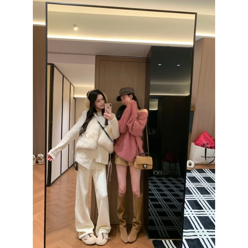 温柔风时尚软糯百搭外套秋冬设计感休闲保暖外套高腰显瘦阔腿裤子