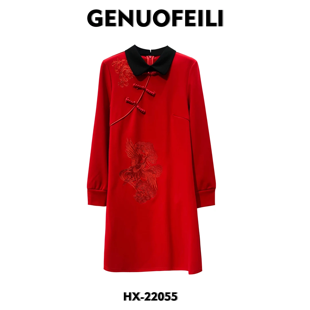 HX-22055 红色新年裙子加厚加绒保暖宽松显瘦国风中长款连衣裙