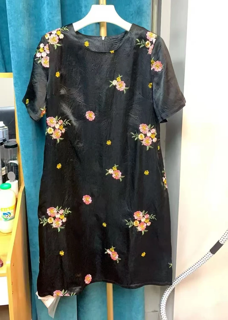 2025夏季新款圆领短袖女中长款遮连衣裙国风提花上衣