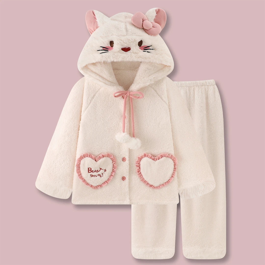 『甜心小猫』卡通睡衣女款冬季珊瑚绒甜美猫咪暖绒冬天套装家居服