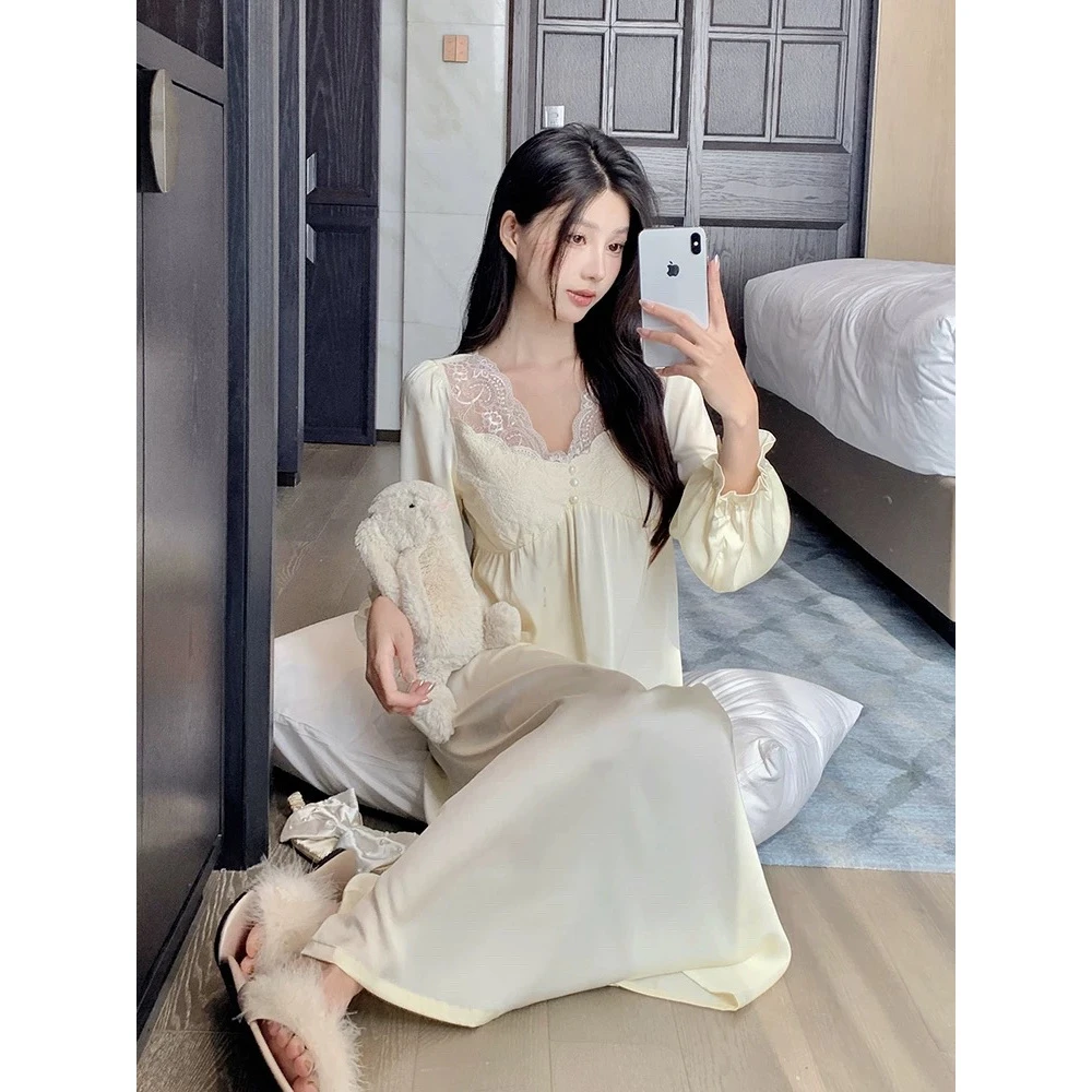 【琉璃心语】春秋水光缎蕾丝睡裙仙女纯欲公主风家居服女
