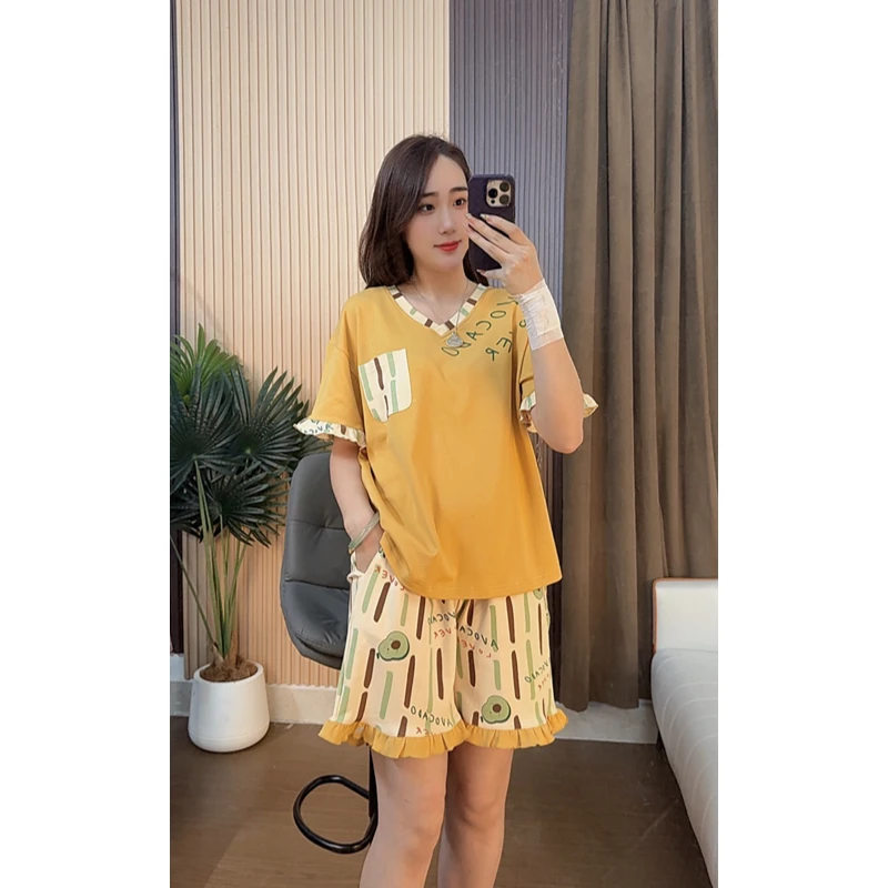 睡衣女夏款纯棉短袖短裤韩版时尚可外穿家居服套装（稻谷黄）