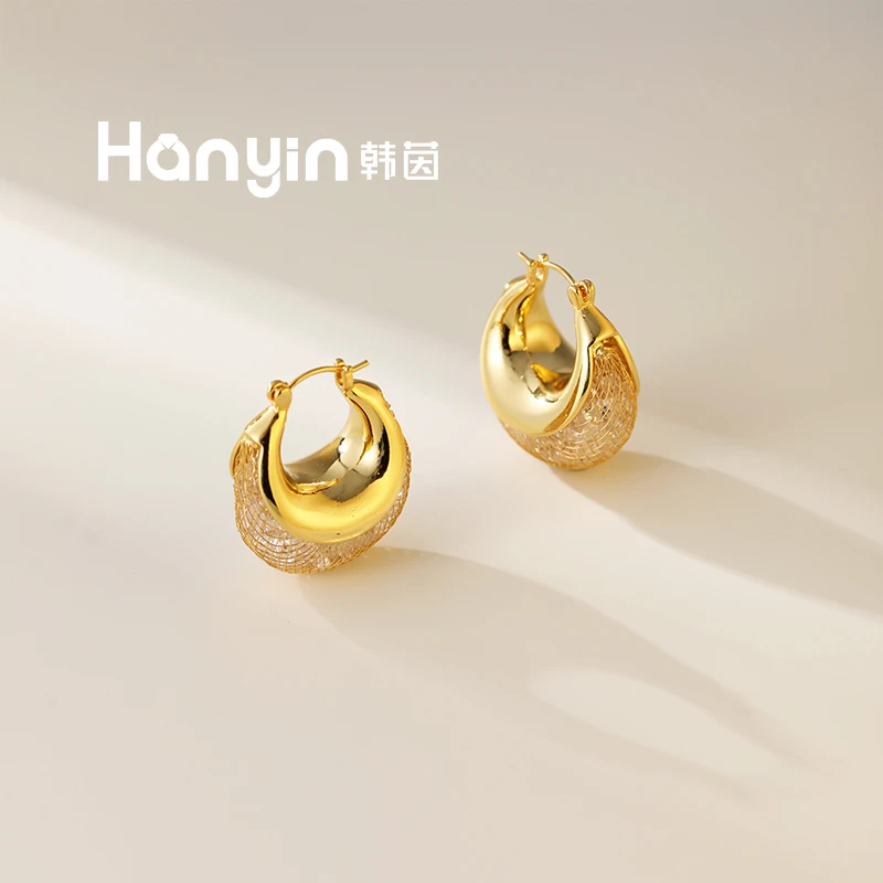 铜合金合成锆石耳饰 网格钱袋子时尚百搭精致耳扣轻奢耳圈耳环