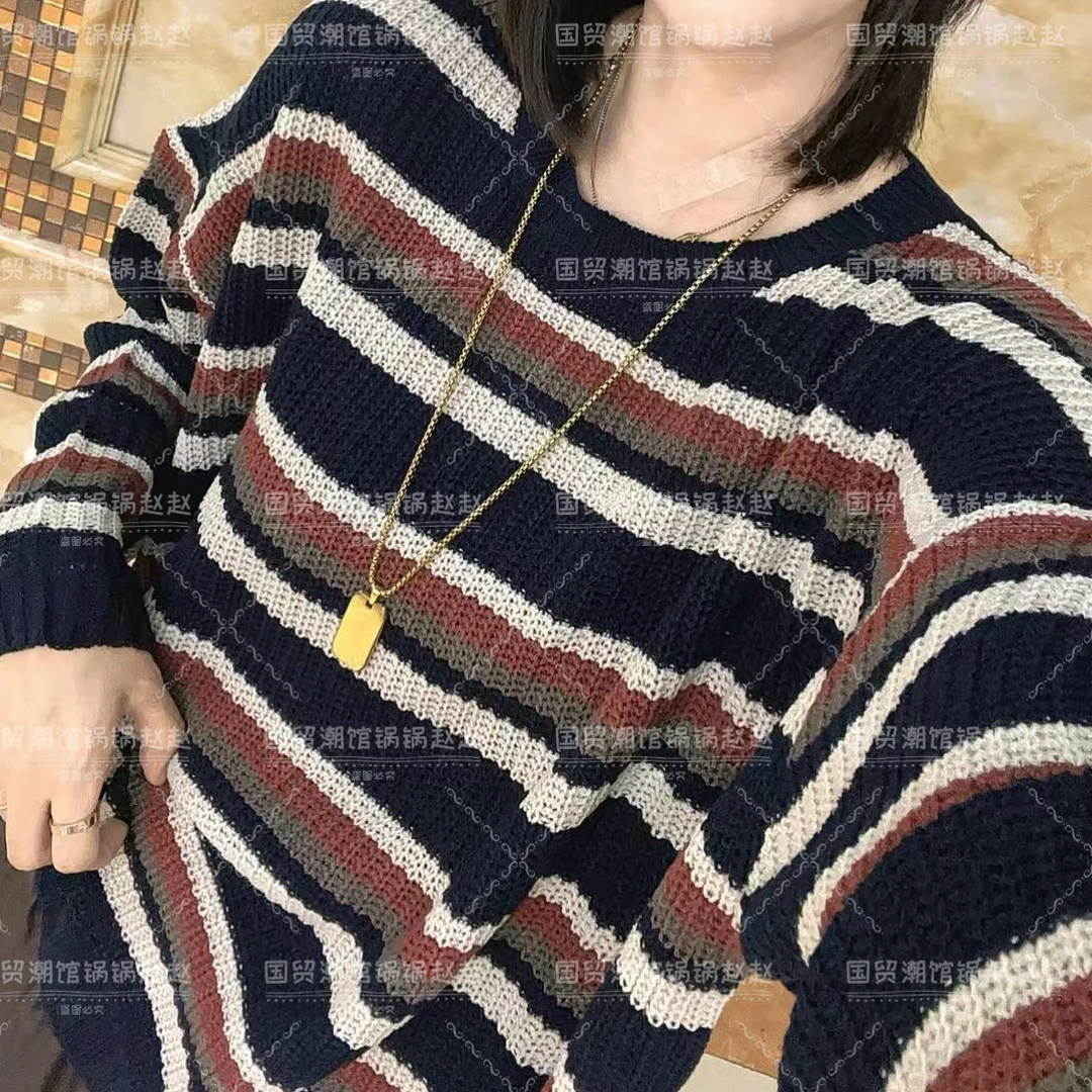 多彩条宽松通勤风复古秋季毛针织衫针织针织衫条纹上衣厚款