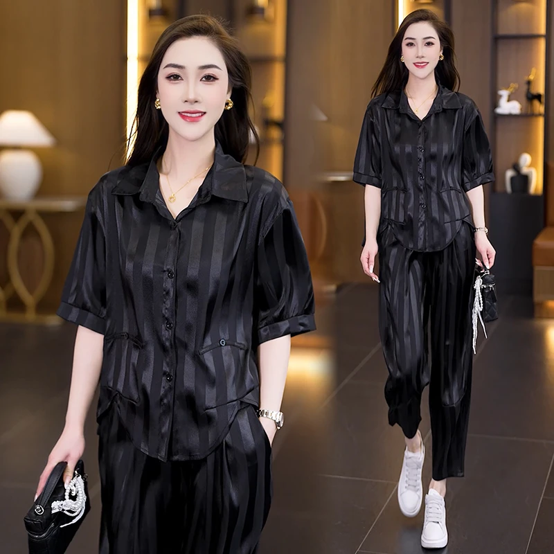 2025夏季新款洋气大码套装胖MM时尚宽松显瘦哈伦裤气质休闲两件套