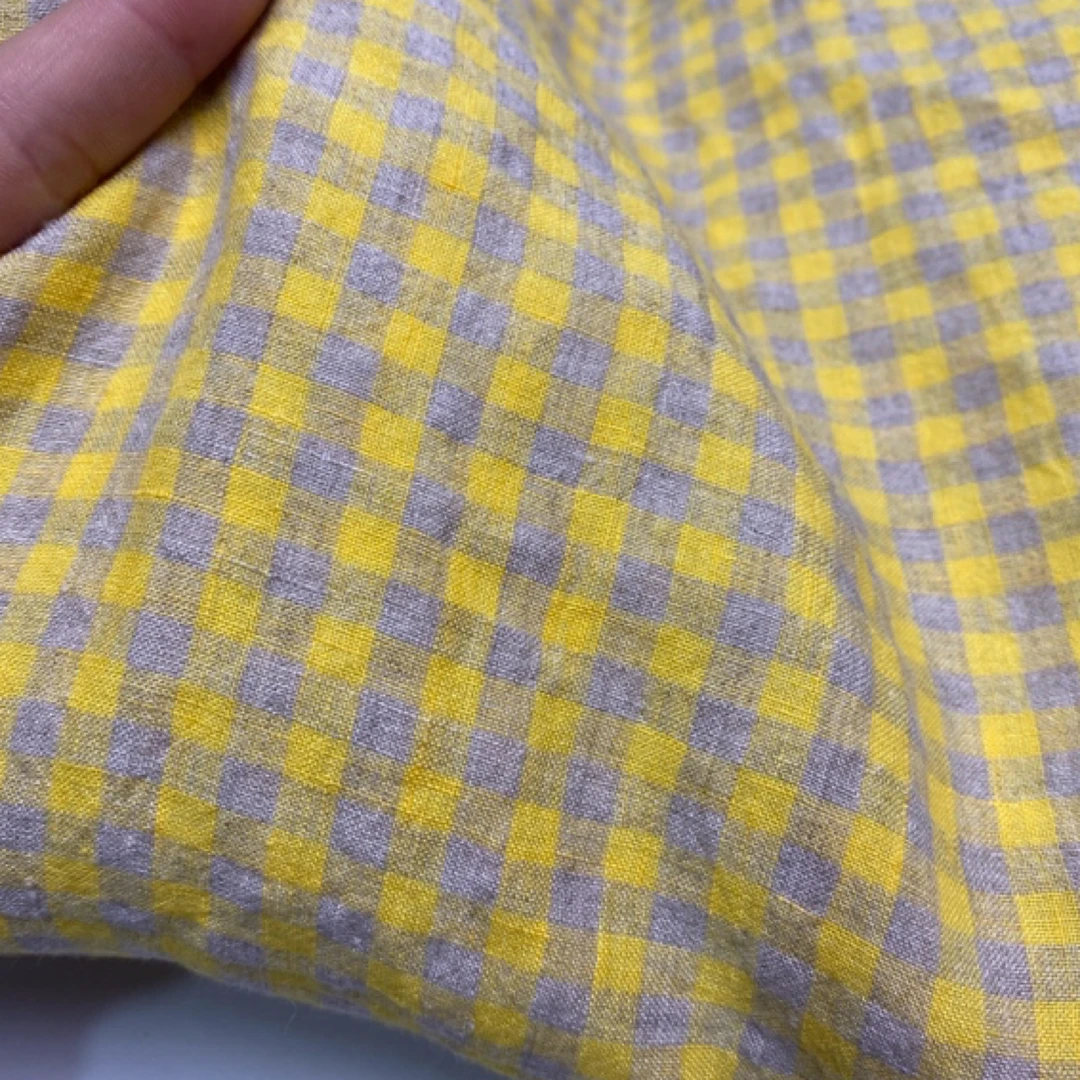 进口纯亚麻色织砂洗格子雨露麻衬衣裙子面料