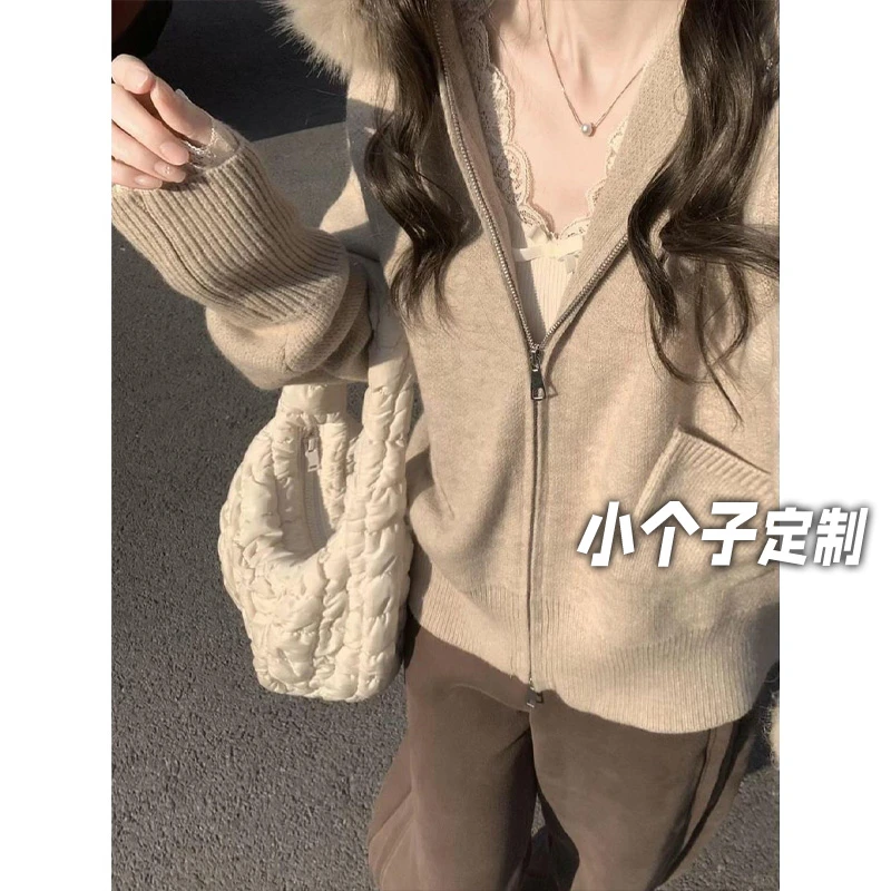 150小矮个子设计感毛领连帽外套女秋冬季慵懒风宽松复古长袖上衣