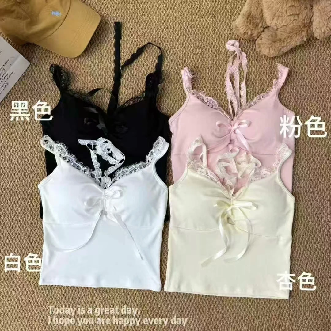 黑色少女风背心吊带套装杏色法式修身蕾丝内搭内衣时尚瑜伽