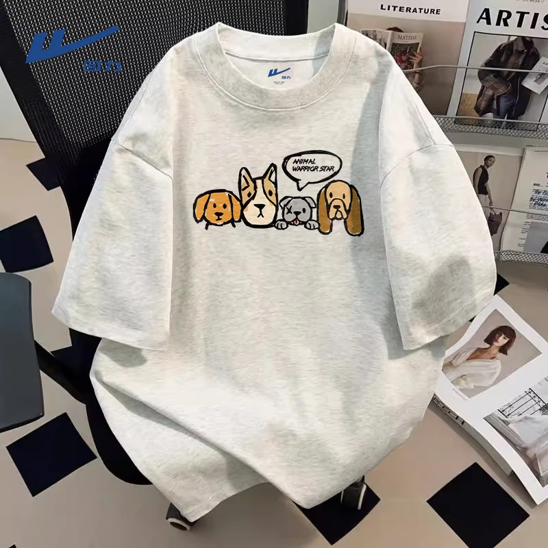 回力灰色纯棉短袖男款夏季美式潮流青少年半袖男上衣卡通印花T恤