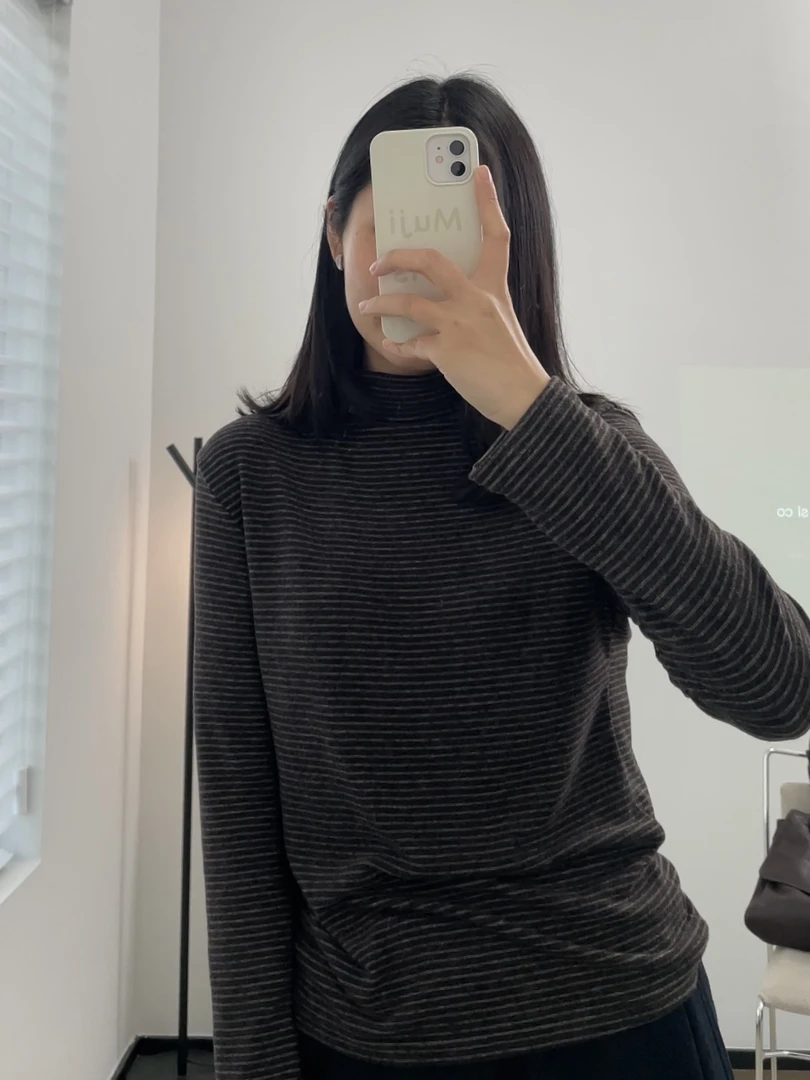 YANA冬季磨毛含羊毛条纹保暖打底衫T恤内搭