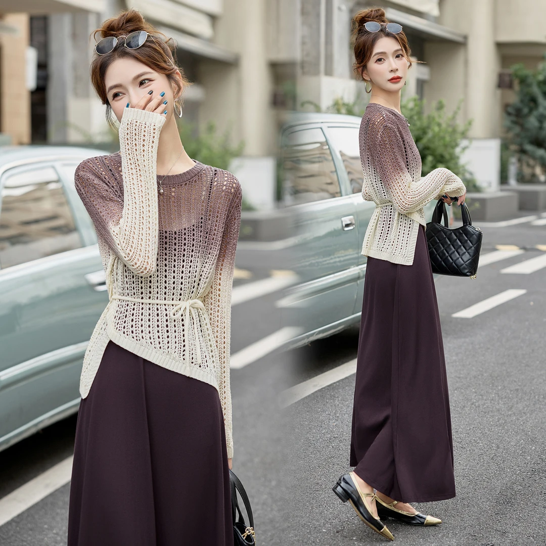 休闲风法式时尚套装气质时尚针织2025新款春秋显瘦长袖洋气吊带裙