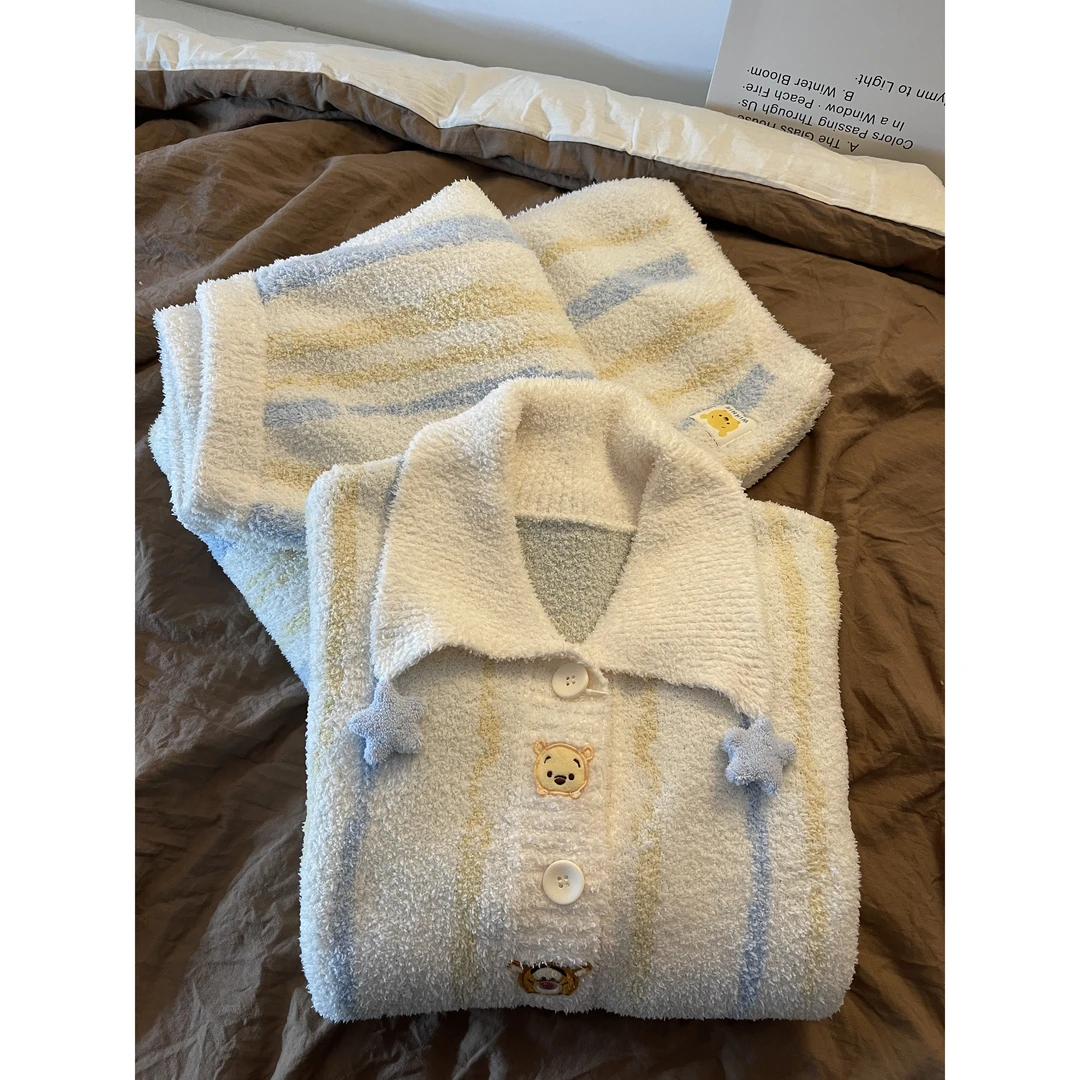卡通星星条纹维尼熊针织半边绒睡衣女秋冬加厚家居服套装可外穿
