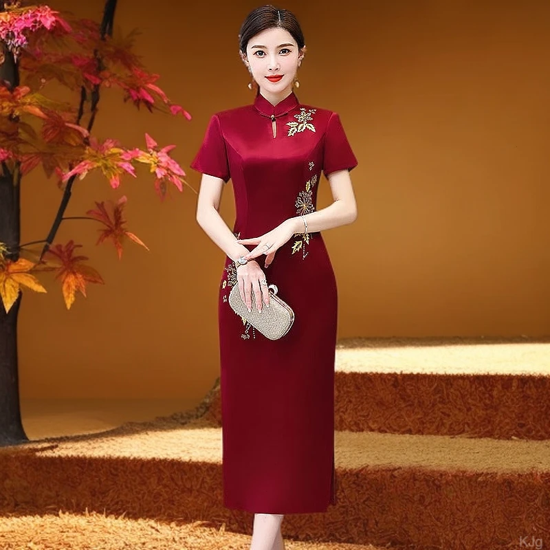 中式复古刺绣旗袍喜妈妈修身礼服喜婆婆中国风高贵连衣裙红色时尚