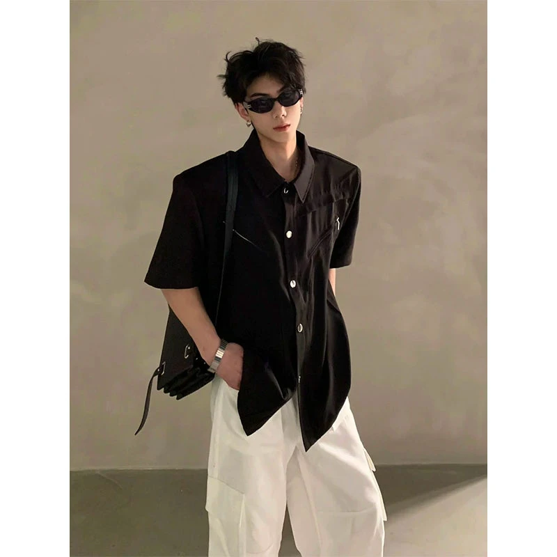 黑色解构拉链垫肩短袖衬衫男美式高街廓形翻领衬衣cleanfit五分袖