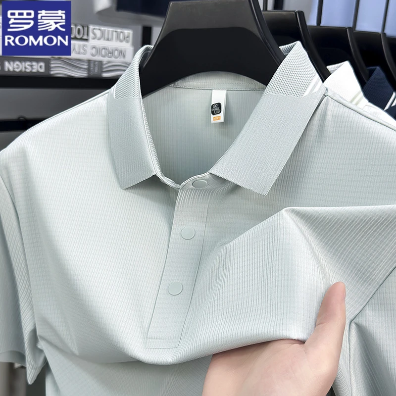 罗蒙简约百搭纯色短袖T恤男士夏季凉感冰丝透气中青年翻领POLO衫