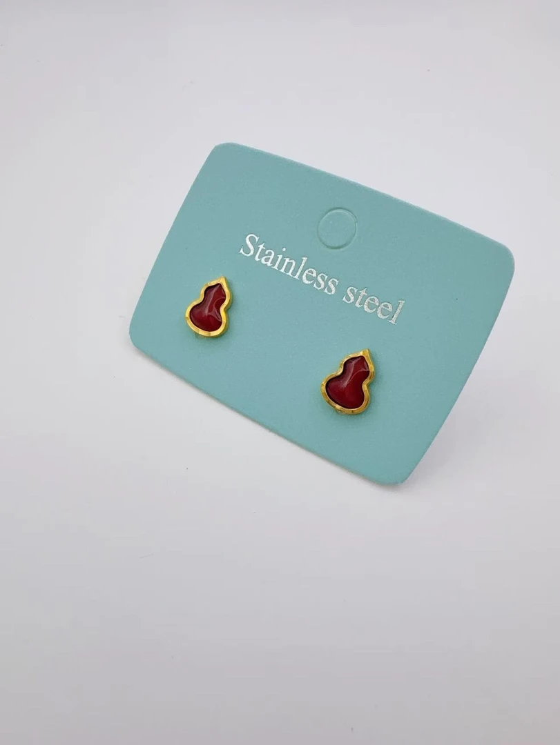 钛钢珐琅耳饰 【Kiss娜】钛钢4357时尚红色滴釉葫芦耳钉