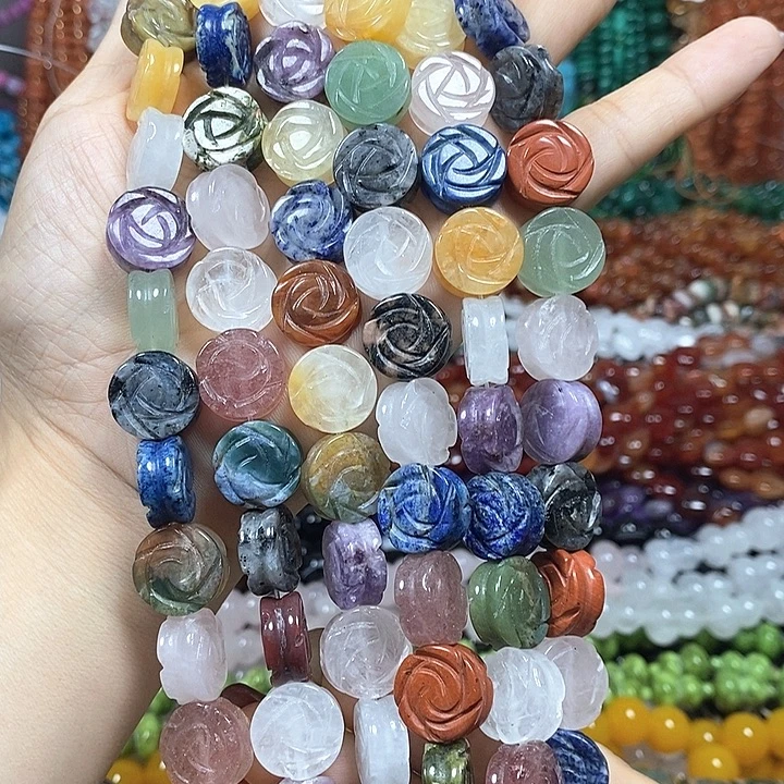 玛瑙/玉髓未镶嵌珠宝半成品多宝双面雕刻玫瑰卡14mm15颗