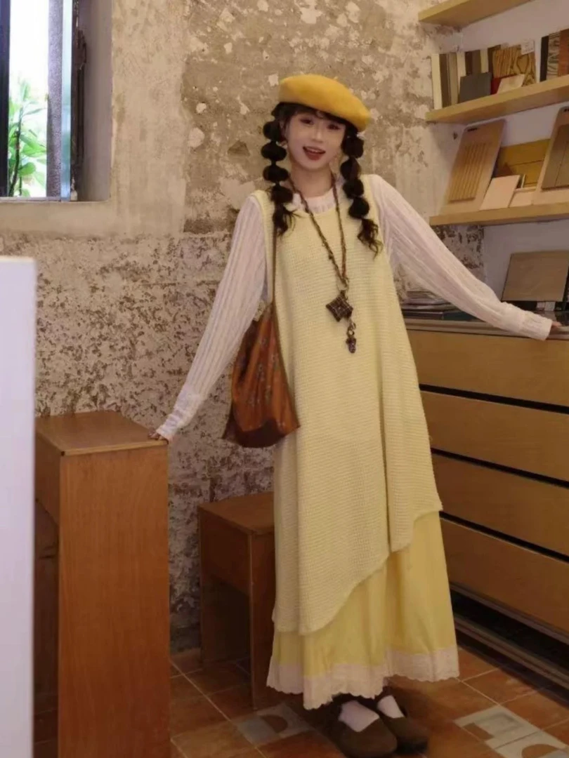 不规则叠穿度假风吊带连衣裙花边半身裙T恤女2025春季新款三件套